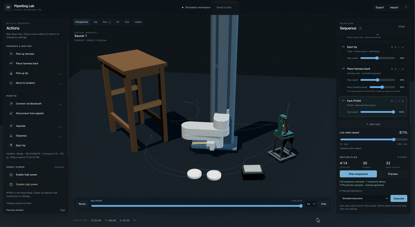 The RoboSwap app animates the same pickup, pipetting, and return sequence in its 3D workcell.